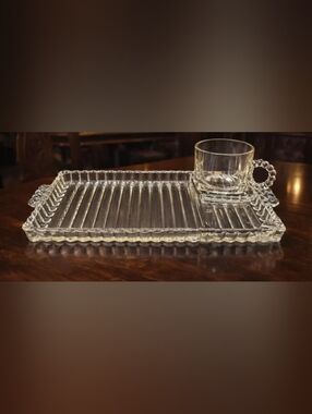 Set 2 Pieces Vintage 1950's Hazel Atlas Sip And Smoke Snack Tray Glass